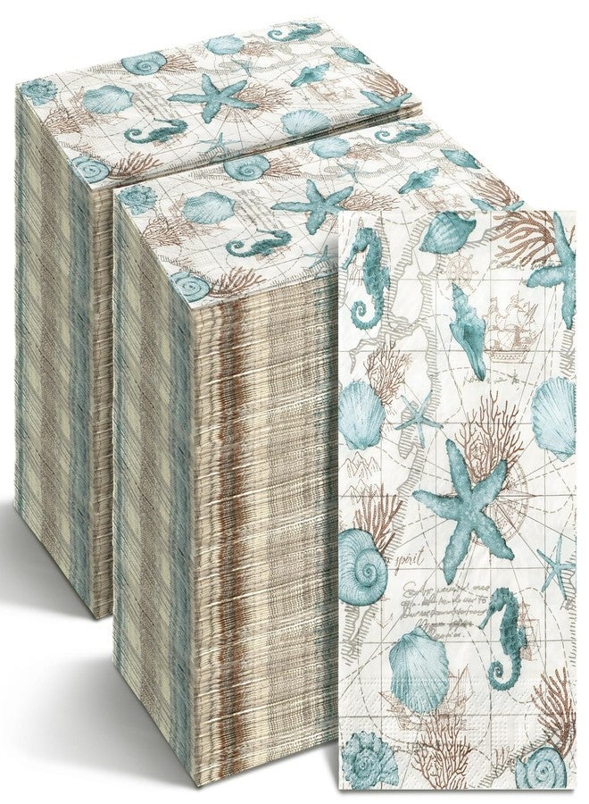 Moinchore 200 Pieces Summer Paper Hand Towels for Bathroom Beach Guest Napkins Seahorse Shell Conch Starfish Decorative Paper Napkins Nautical Disposable Hand Towels for Baby Shower Party Supplies - Image 1